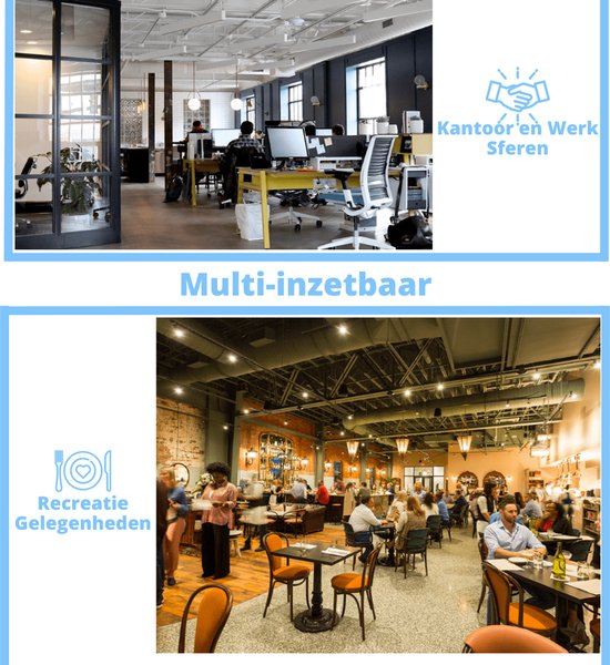 Kantoorruimte met werkplekken en een eetzaal met tafels en stoelen, beide met aroma diffusers.