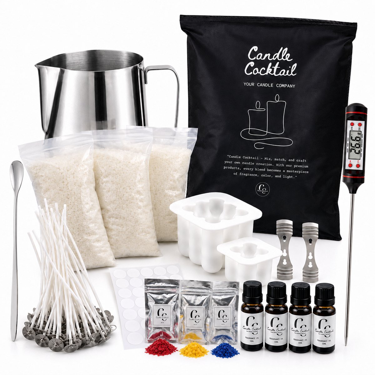 Candle Cocktail® Kaarsen Maken Set XL – Complete DIY Kaarsen Starterset met Kaarsenwas, Kaarsenlonten, Mallen, Geurolie & Smeltpan