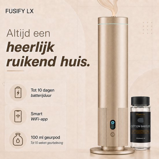 Gouden FUSIFY LX diffuser met een flesje geurolie. "Altijd een heerlijk ruikend huis"