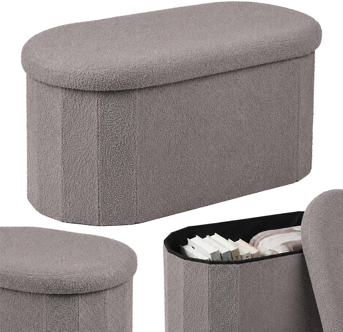 Solidchoice - Opbergbank met Teddy Stof en Kussens in Donkergrijs