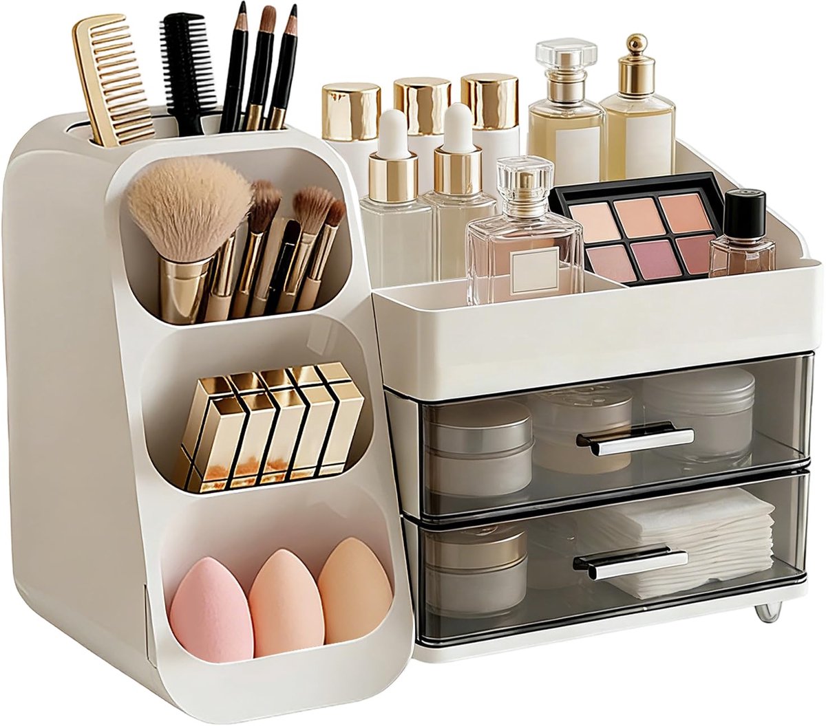 Famanu – Cosmetica-organizer met laden voor make-up en skincare, groot, opslag voor kwasten en lippenstift, ideaal voor badkamer en slaapkamer, ivoorwit