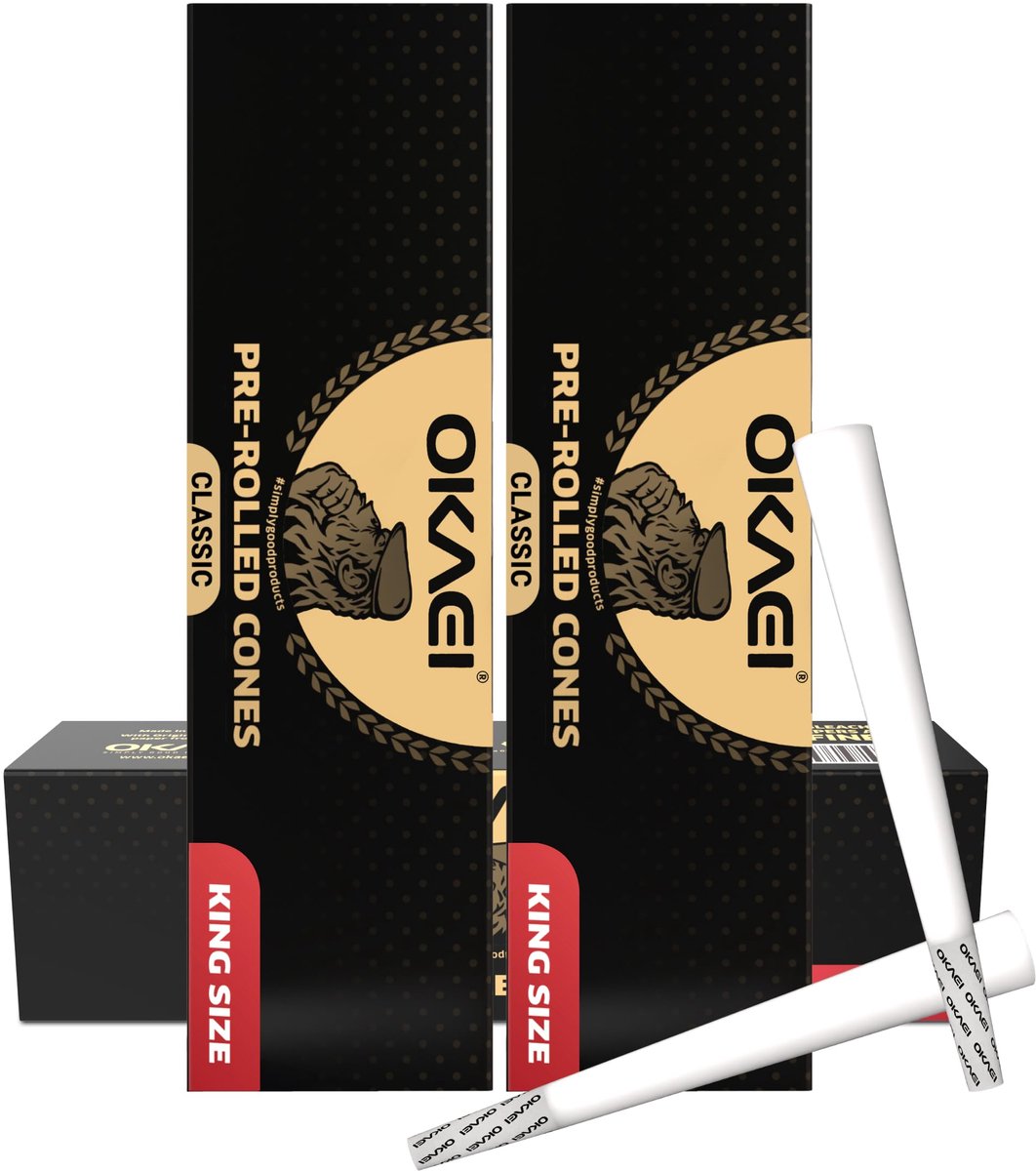 OKAEI Classic King Size Cones 200 stuks - Witte Ultra Dunne Voorgedraaide Hulzen, Langzaam Brandend, Vegan, Formaat - ShopVlot