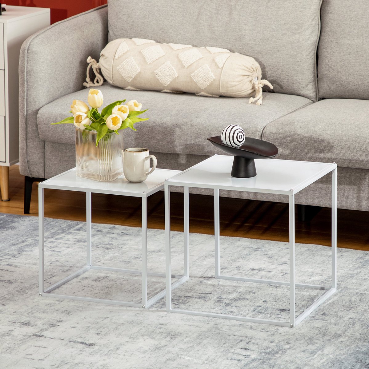FloraGrace Bijzettafel Set Van 2 - Vierkant Modern Design Met Stalen Frame - Voor Woonkamer - Wit - 40x40x40 En 35x35x35 Cm