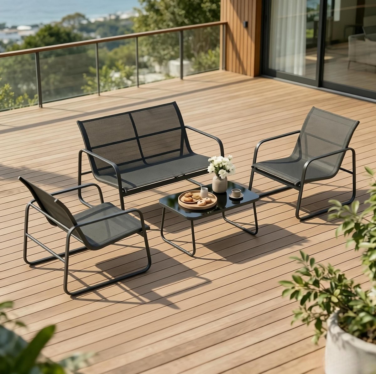 STILVORA Loungeset 4 Delig - Met 2 Stoelen, Bank En Tafel - Voor Tuin En Terras - Stalen Frame En Gehard Glas - Zwart Donkergrijs