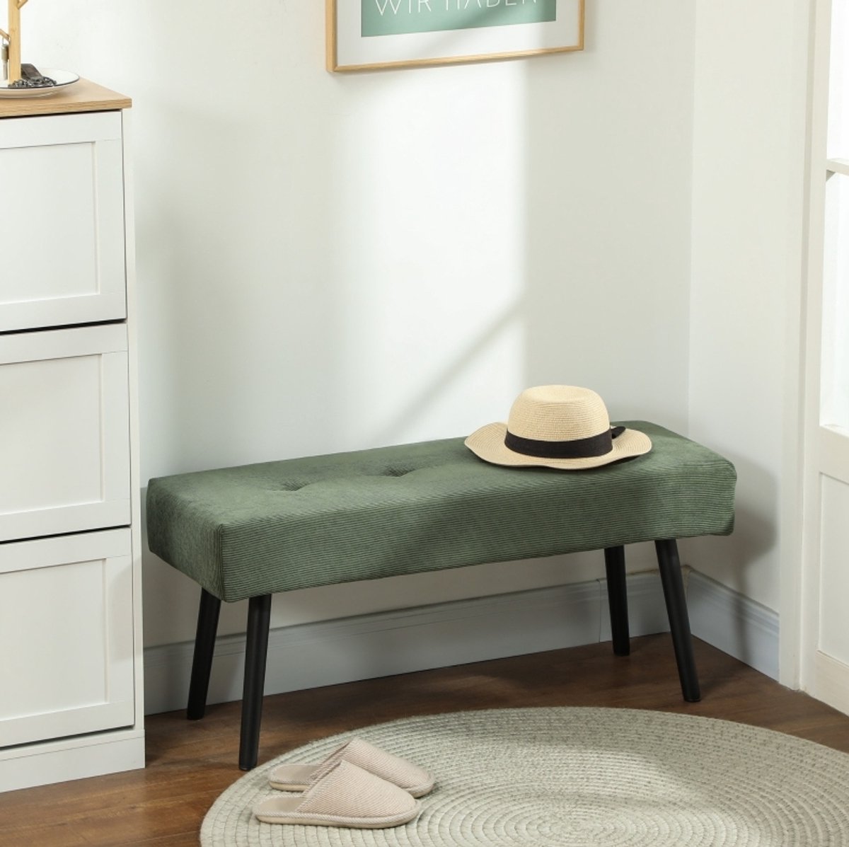 REDOM - Bedbank - Getufte zitting met cordbekleding - Metalen poten - Moderne stijl - Slaapkamer, woonkamer en hal - Polyester - Groen - 100 x 36 x 45 cm