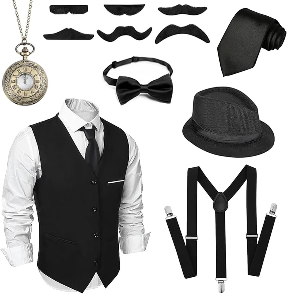 Stijlvol 1920s Maffia Kostuum voor Mannen met Vesten, Accessoires en Braces voor Carnaval en Themaparty's