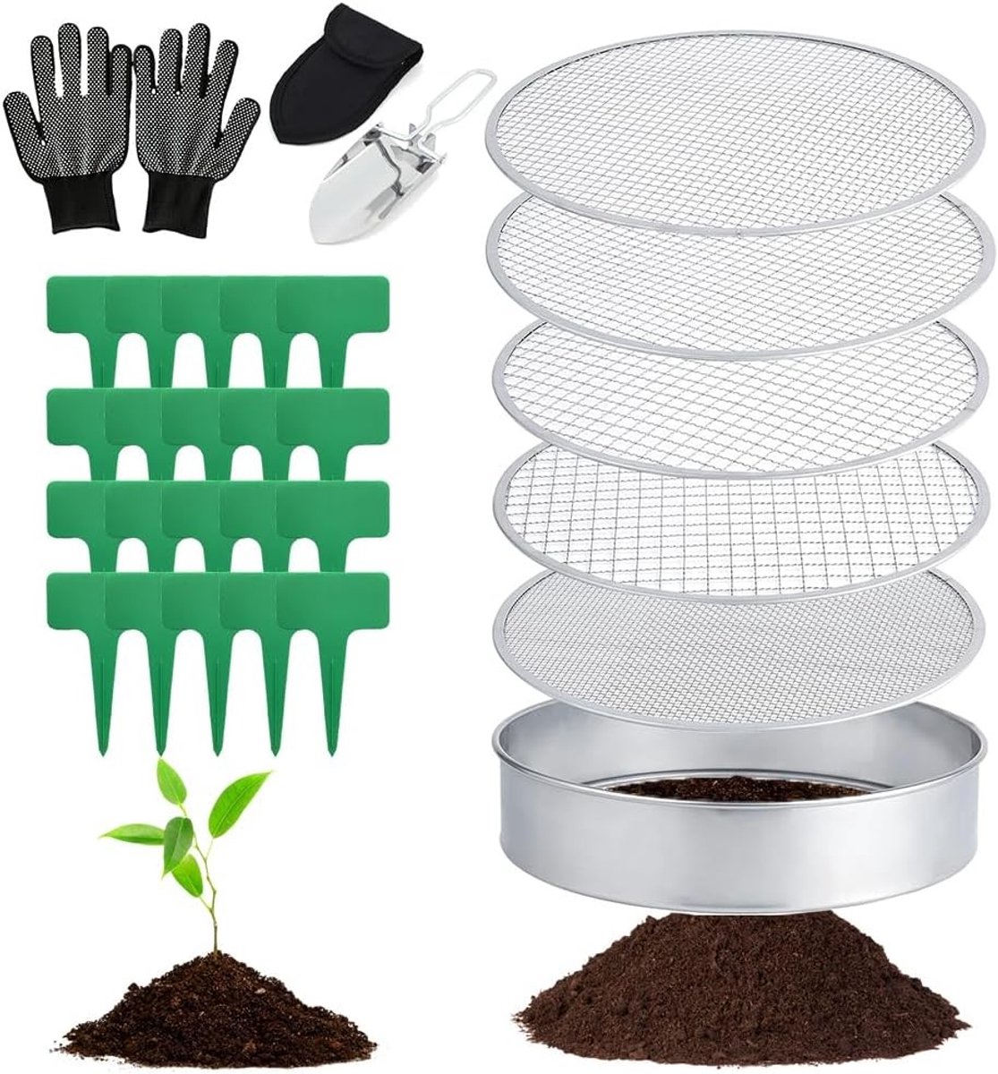 Ronde Tuinzeef 5-in-1 van RVS met 5 Verwisselbare Zeefinzetten en Tuingereedschap voor Effectieve Compostering en Plantenlabels