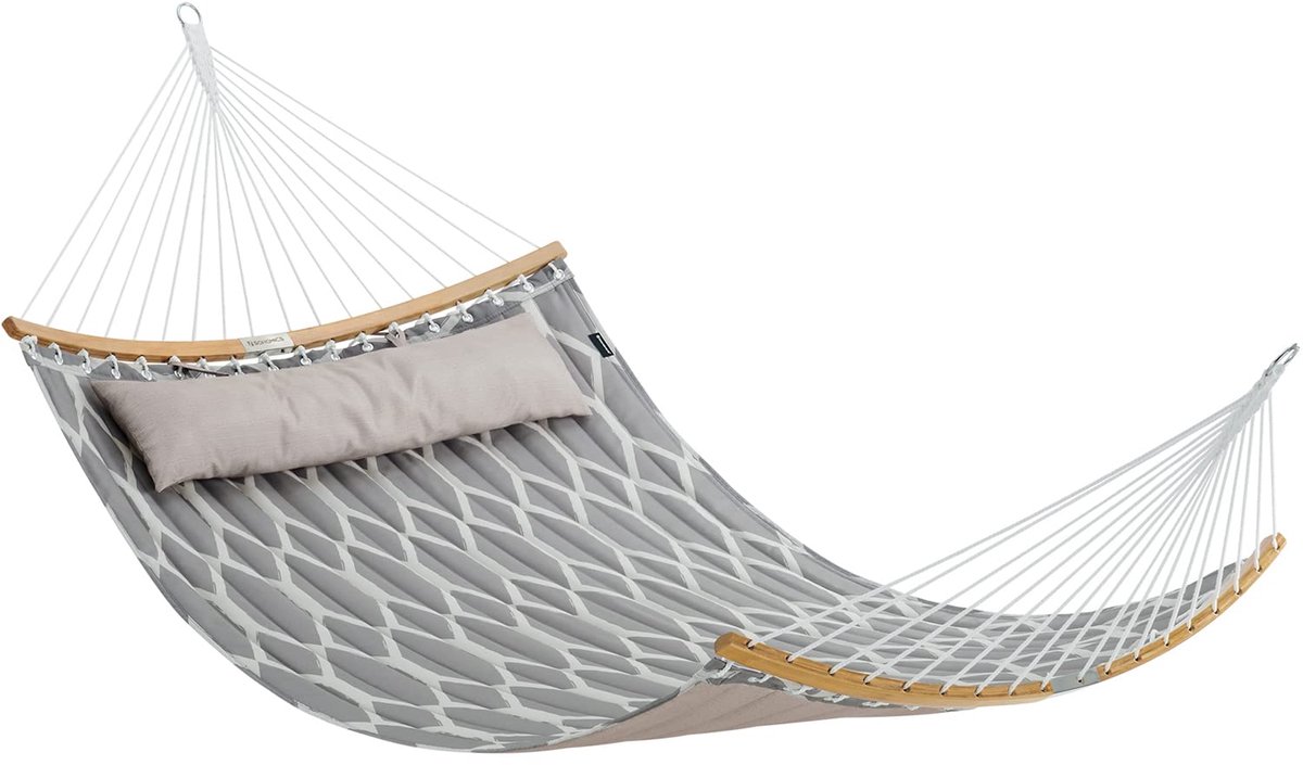 Famanu – Gewatteerde stoffen hangmat met afneembare gebogen bamboe spreider en kussen, 200 x 140 cm, draagvermogen 225 kg, grijs en beige