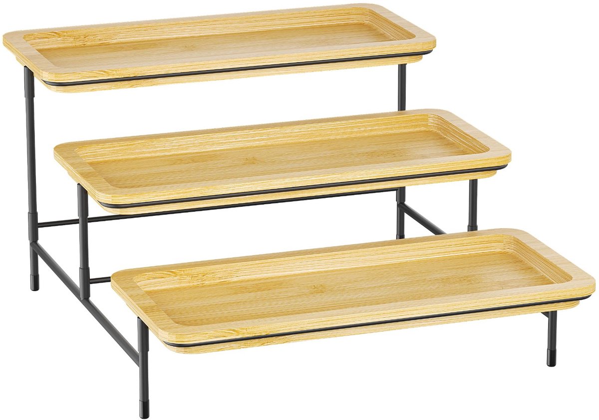 Famanu – Bamboe serveerschaal met 3 etages, 30 x 17 cm, dienblad met zwarte metalen standaard voor buffetaccessoires en groenten/fruit