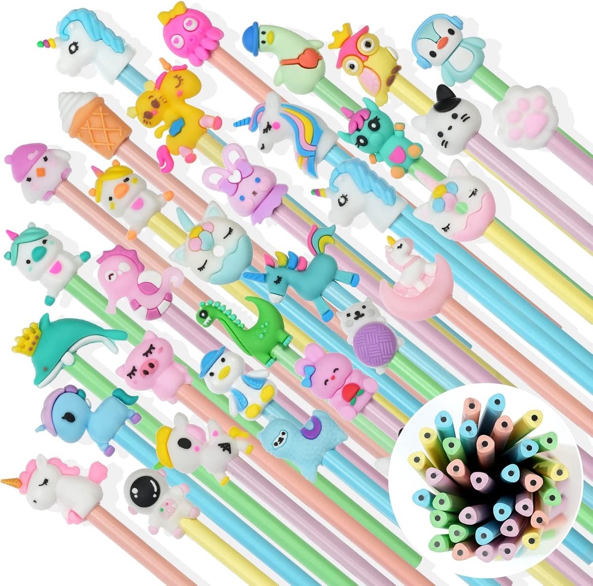 36 Grafietpotloden HB #2 met 36 Schattige Cartoon Pen Caps, Perfect voor Schrijven, Tekenen en Cadeaus voor de Eerste Schooldag