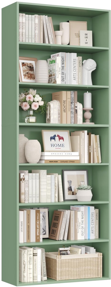 Famanu – Boekenkast met 7 lagen, vrijstaande display plank voor woonkamer en thuiskantoor, groene rekken, 60 x 23,5 x 209,5 cm