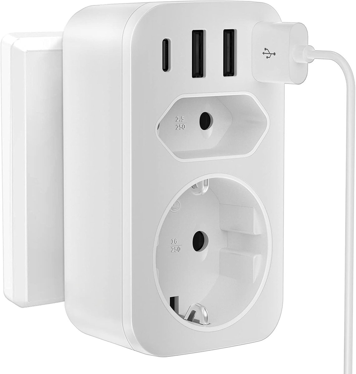 Meervoudige stekkeradapter met USB-C en USB-A - Wit - 4000 W - 2-in-1 type C/F-uitbreiding - Voor Thuis en Kantoor