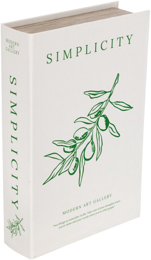 Wit opbergboek met groene olijftak print en tekst 'SIMPLICITY' en 'MODERN ART GALLERY'.