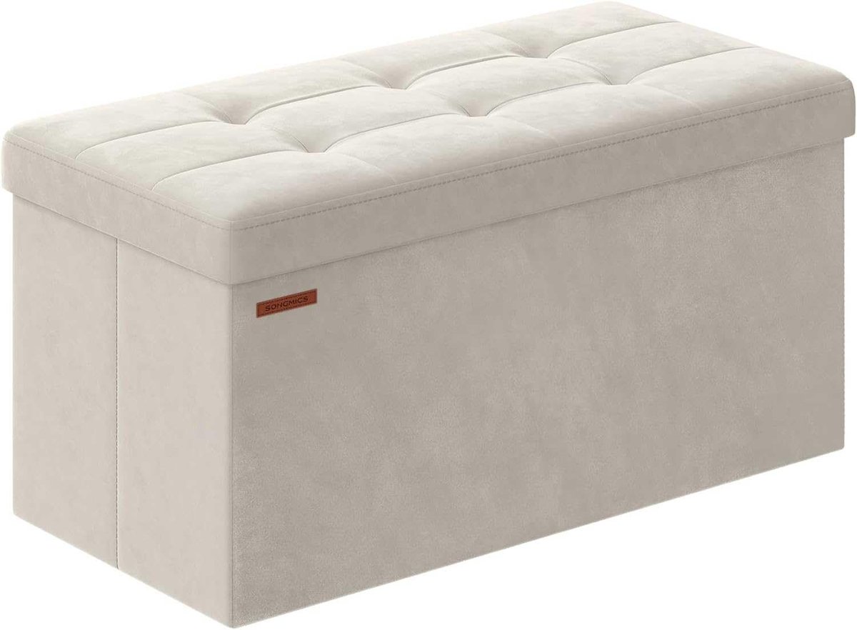Famanu – Fluwelen opvouwbare poef met opbergkist, voetenbank met 2 opbergdozen, 38 x 76 x 38 cm, 300 kg draagvermogen, crèmewit