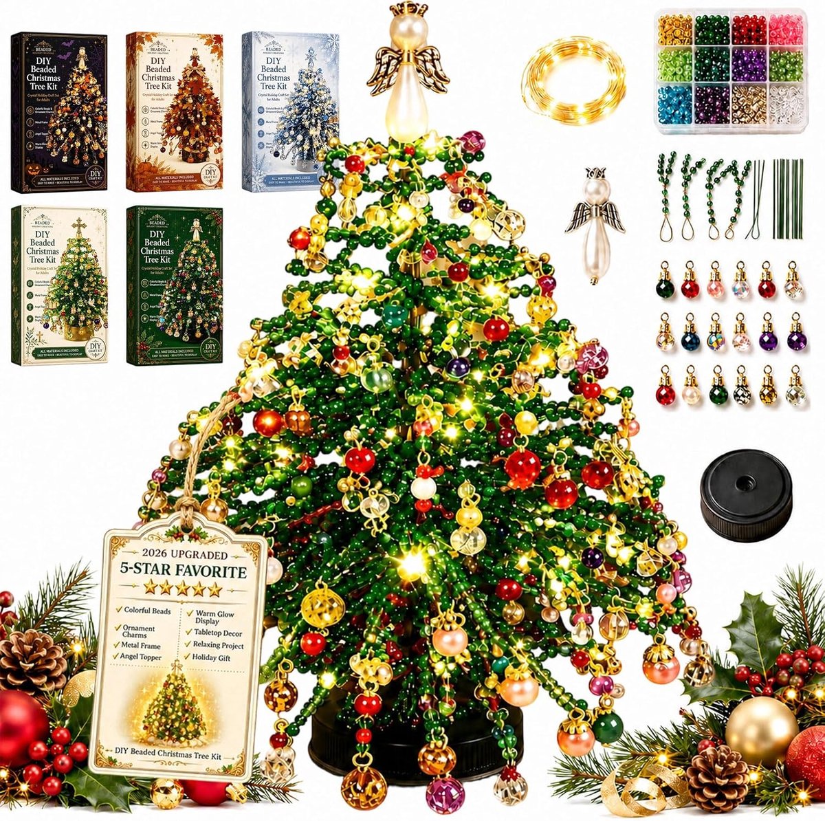 Kralen Kerstboom Knutselpakket met Ledverlichting - 3D Kristal Kralen DIY Kerstboomset - Kerstdecoratie voor Tafel - Kerstcadeau voor Kinderen en Volwassenen - SOLLBRY®