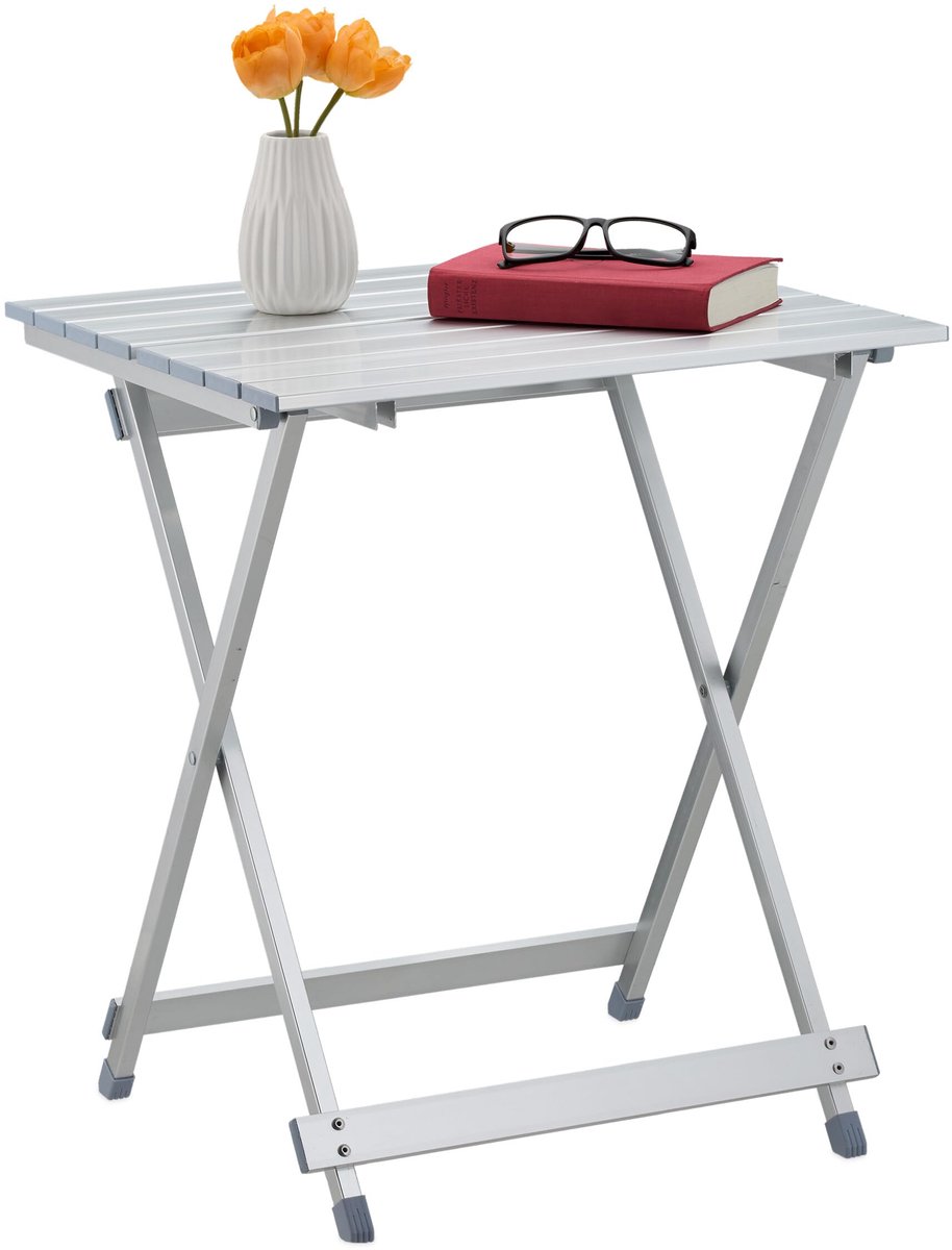 Famanu – Klaptafel van aluminium, weervast, bijzettafel, 61 x 49,5 x 47,5 cm, voor in de tuin, robuust, zilverkleur