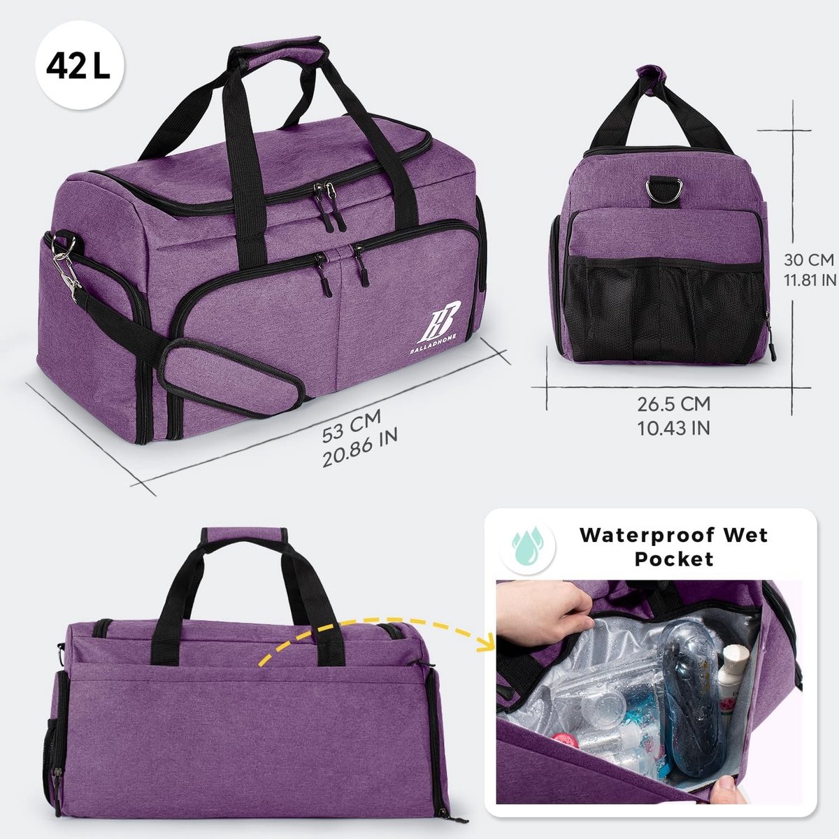 Sporttas - Paars - 53 x 26,5 x 30 cm - Waterdichte Fitness- en Reistas met Schoenenvak - Voor Dames en Heren