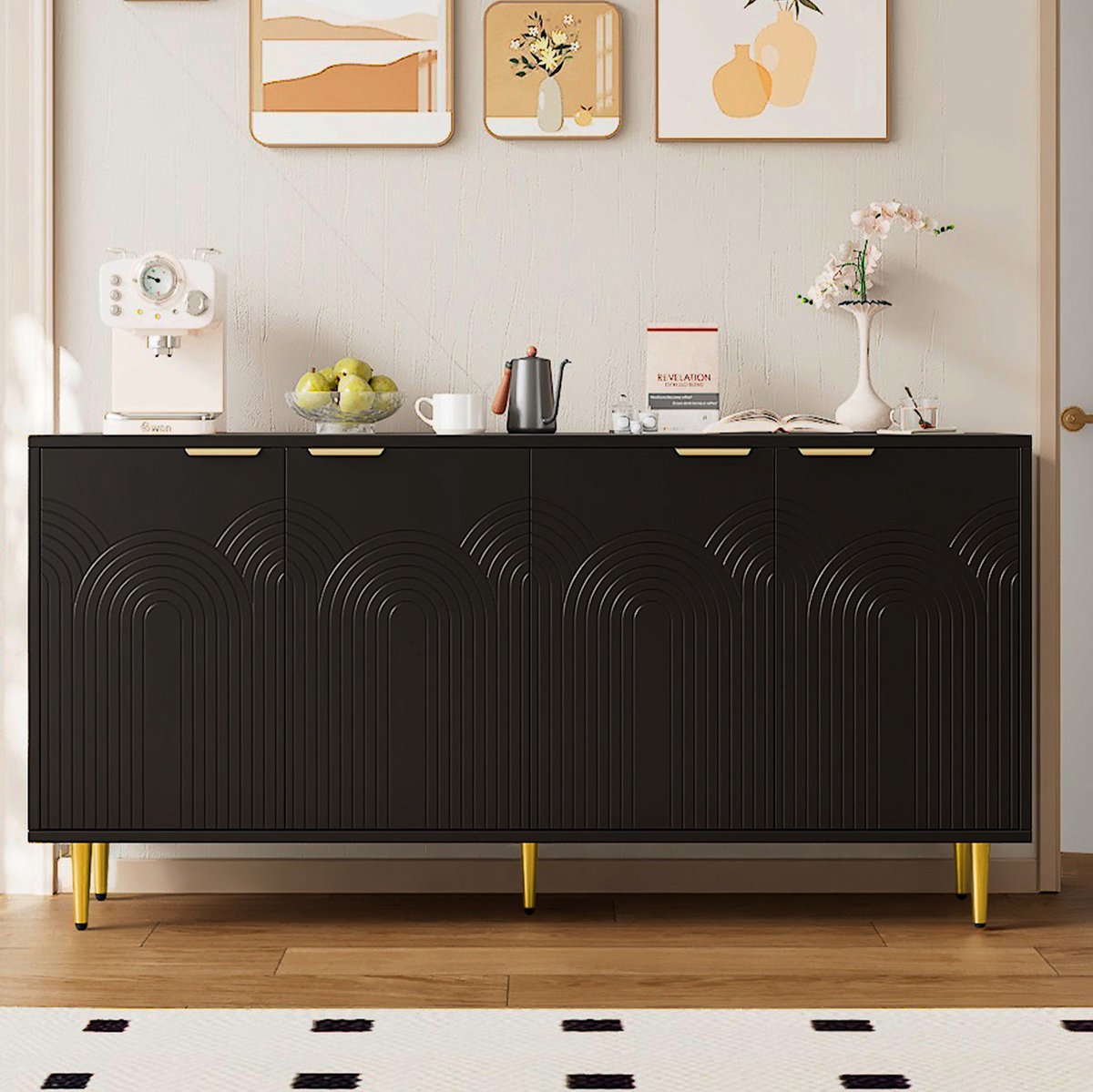 Wishdor Dressoir - 4 deuren - Verstelbare planken soft-close - Design - Woonkamer eetkamer slaapkamer - Dichte kast met gouden details - Bewerkt hout - Zwart - 160 x 80 x 40 cm