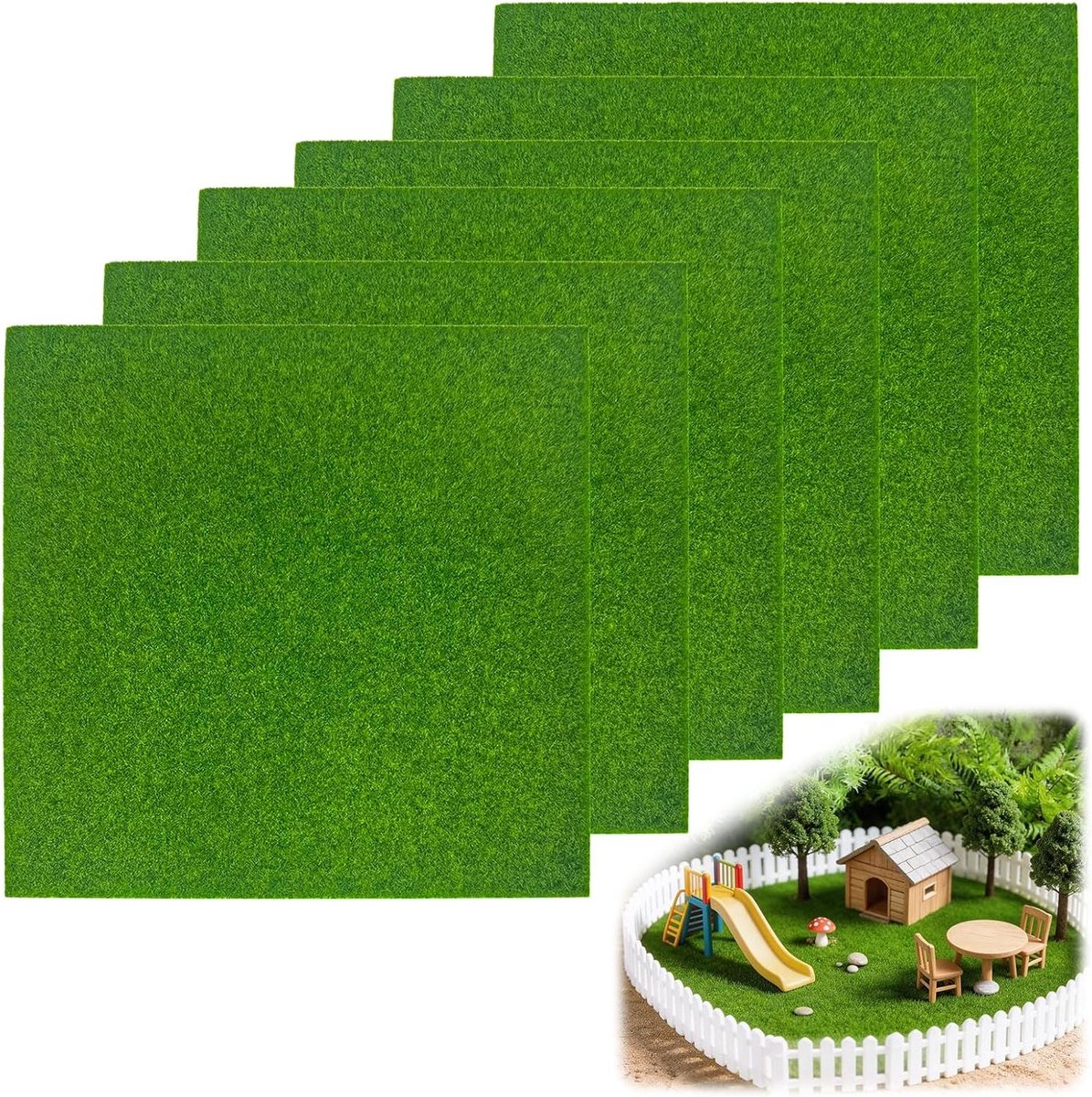 Kunstgras Tapijt - Miniatuur Gras - Modelbouw Decoratie - Realistisch Uiterlijk - 6 Stuks 15x15cm - Groen