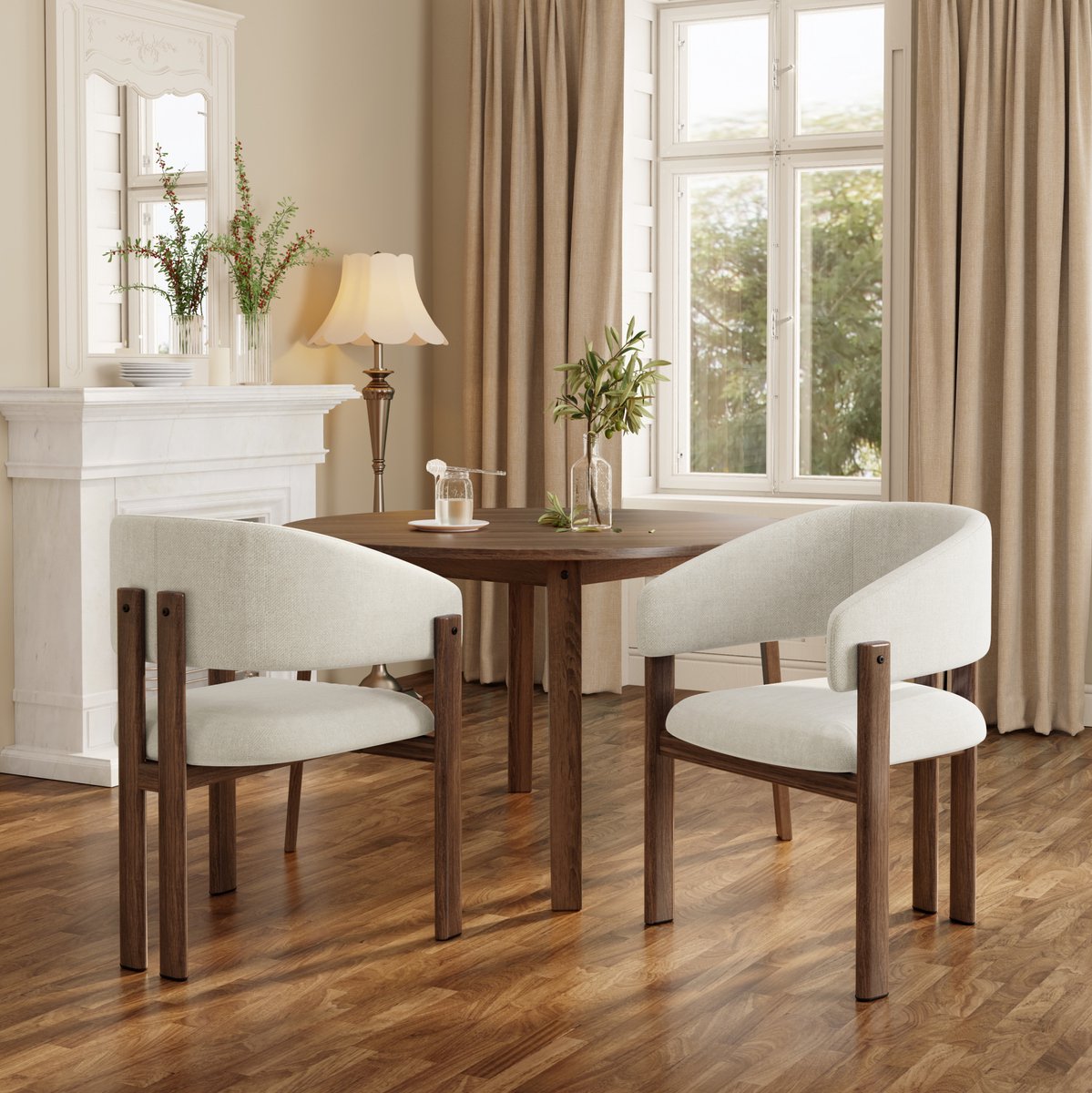 Wishdor Eetkamerstoelen set van 4 - Met armleuningen - Linnen stof - Modern design - Eetkamer woonkamer café - Metaal houtlook - Walnoot beige - 61,5 x 52,5 x 83 cm