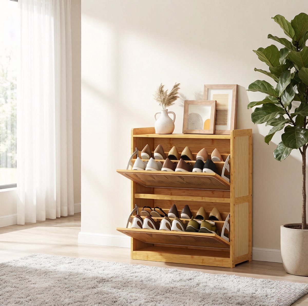 Schoenenkast Bamboe 69 x 29 x 83 Cm – 2 Kleppen Met Verstelbare Planken – Naturel – Smalle Opbergkast Voor Hal En Gang – Anti Kantelband