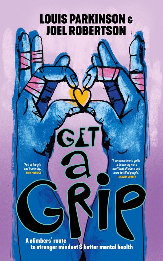 Boek 'Get a Grip' met blauwe handen die een hart vormen, met de tekst 'Get a Grip' en citaten.
