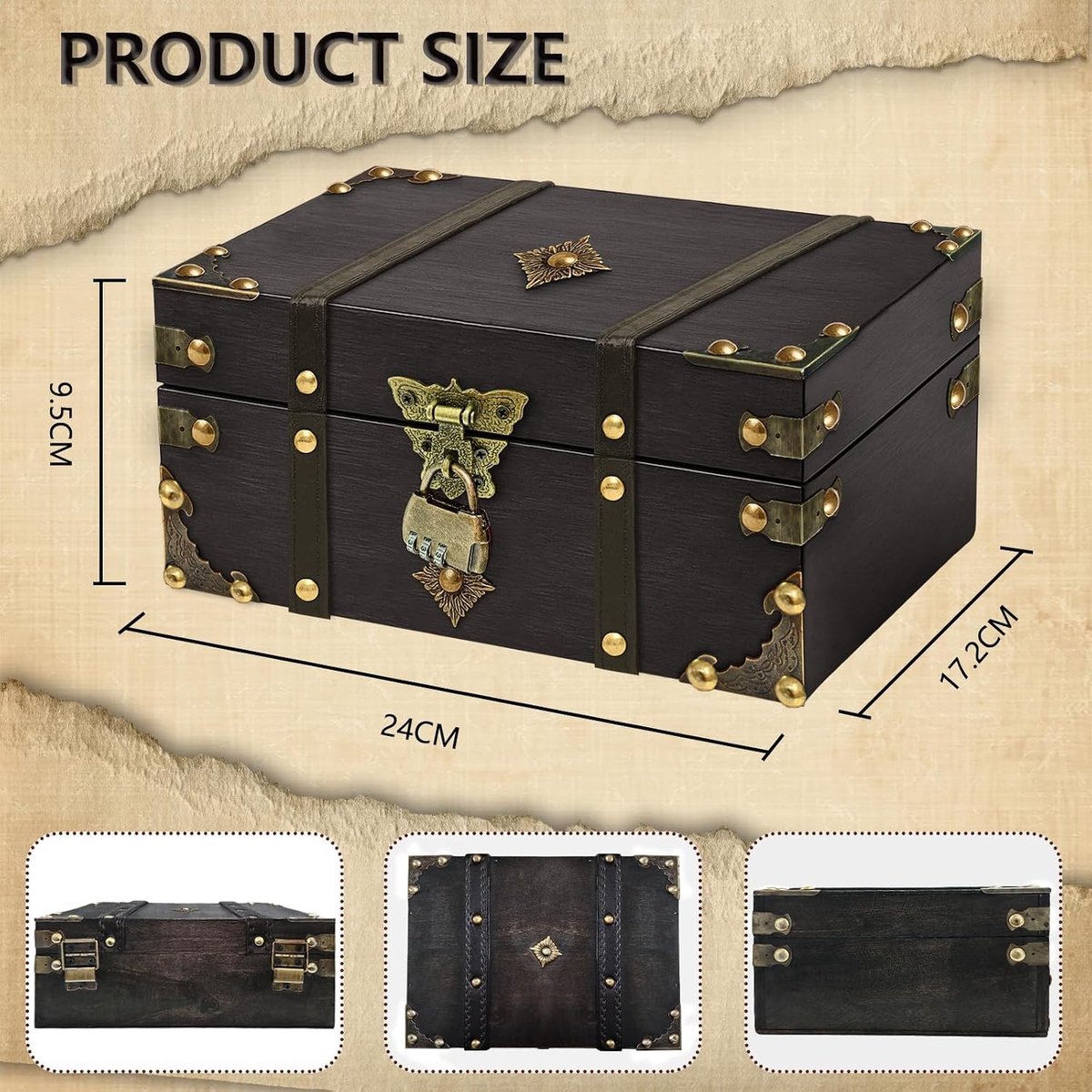 Vintage Houten Schatkist - Grijs - 27 x 24 x 10 cm - Met Combinatieslot - Voor Decoratie en Opberging