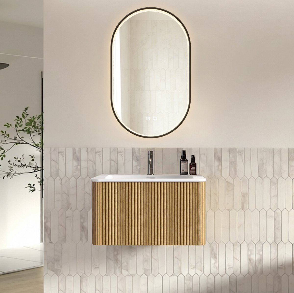 MIVRAY Badkamer Wastafelmeubel Set - Wandhangend Met LED Spiegel En Kunststenen Wastafel - Oak - 80 Cm