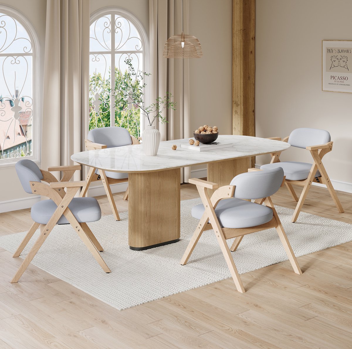 OKWISH Eetkamerstoel Set Van 4 Opvouwbare Eetkamerstoelen Met Armleuningen Massief Hout Linnen Bekleding Grijs Voor Woonkamer En Café
