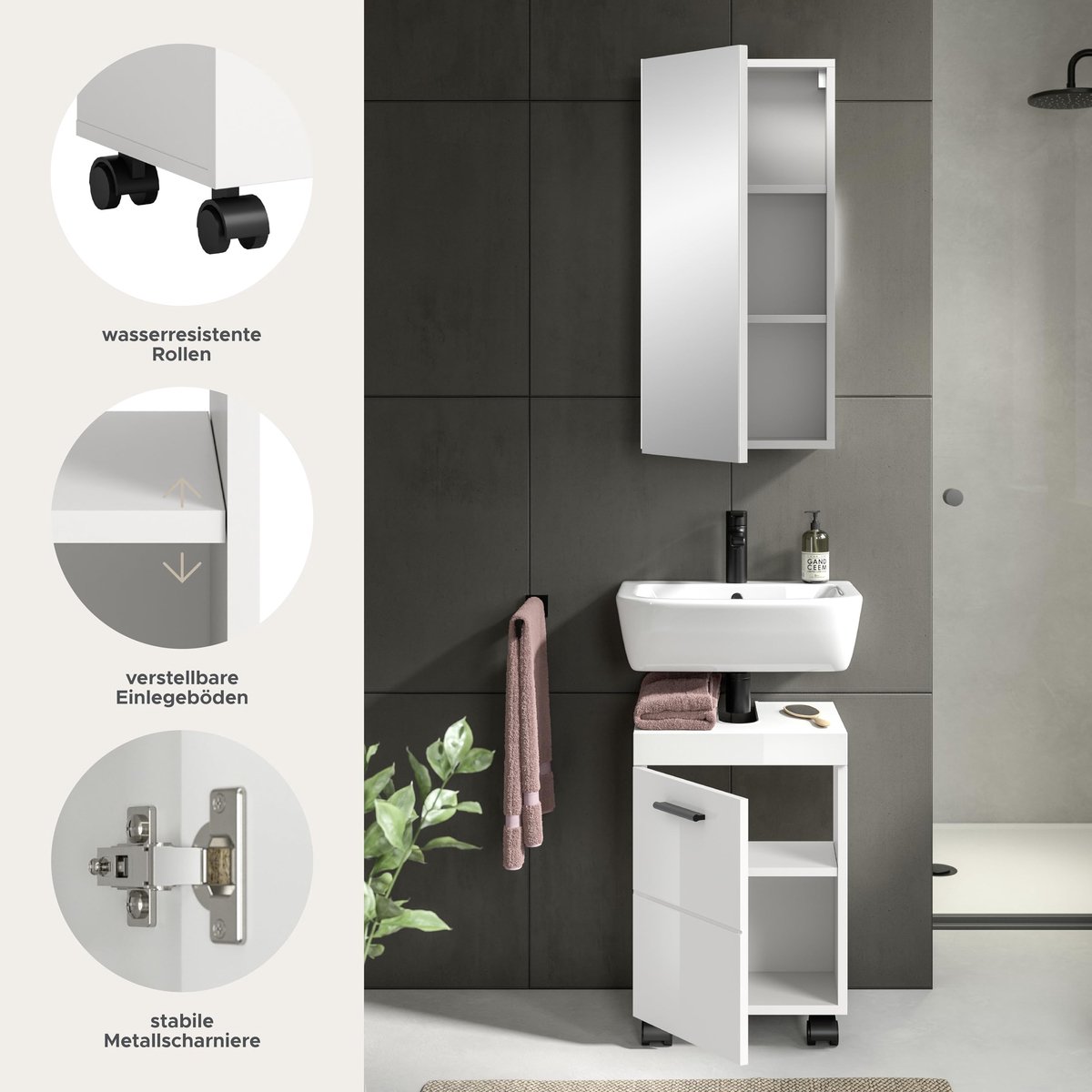 xonox.home – Badkamercombinatie Nova 40 x 191 x 30 cm in wit hoogglans – 2-delige set incl. wastafelonderkast op - ShopVlot