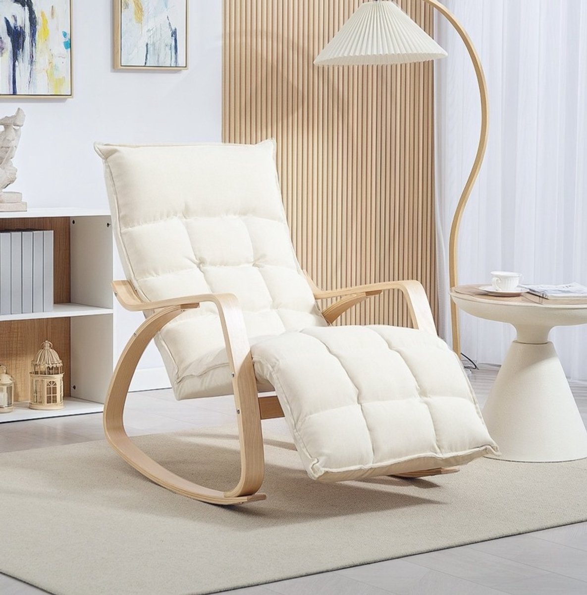 MODENUIT Fauteuil - Schommelstoel Met Verstelbare Voetensteun - Voor Woonkamer En Slaapkamer - Stof - Crèmewit