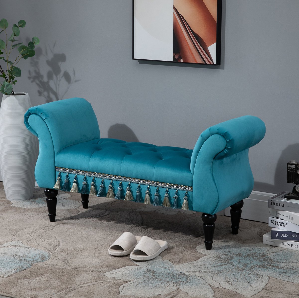 MODENUIT Zitbank 117 cm - Gecapitonneerd Met Knopen - Voor Woonkamer, Slaapkamer En Hal - Polyester - Blauw