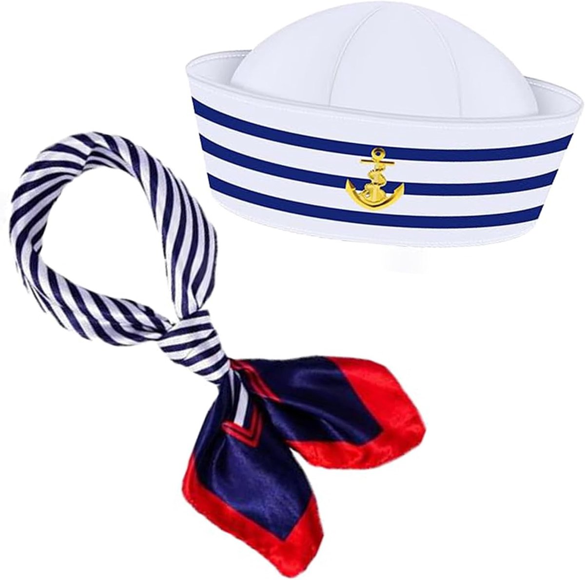 1-delige Matroshoed en Sjaal Kostuum Set - Klassiek Gestreept Marineblauw Matroos Outfit, Ideaal voor Verkleedfeest, Carnaval en Themafeesten voor Mannen en Vrouwen