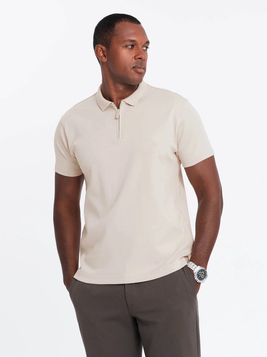 Italian Style - Poloshirt Heren - Korte Mouw Met Rits - Creme Camel - Italianstyle