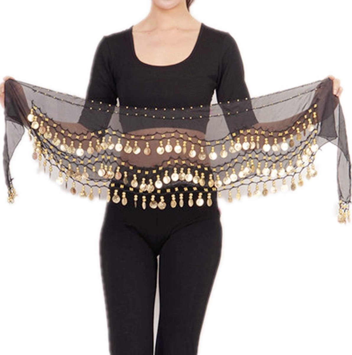 Belly Dance Heupdoek met Gouden Munten - Zwart, EU 32 - Perfect voor Dansoptredens en Feestjes