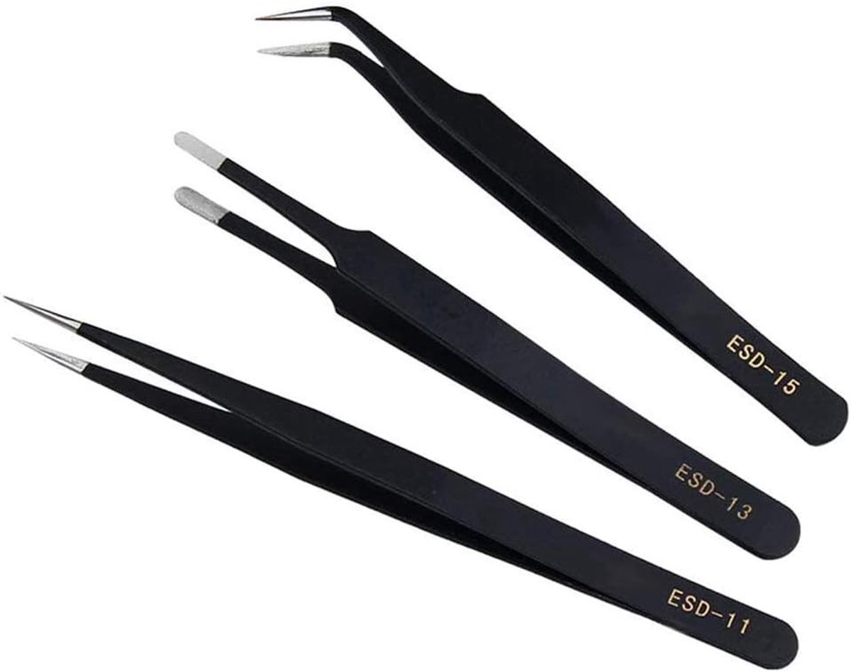 Set van 3 Precisie ESD Pincetten van Roestvrijstaal, Antistatisch voor Wimperextensions, Knutselen en Elektronica