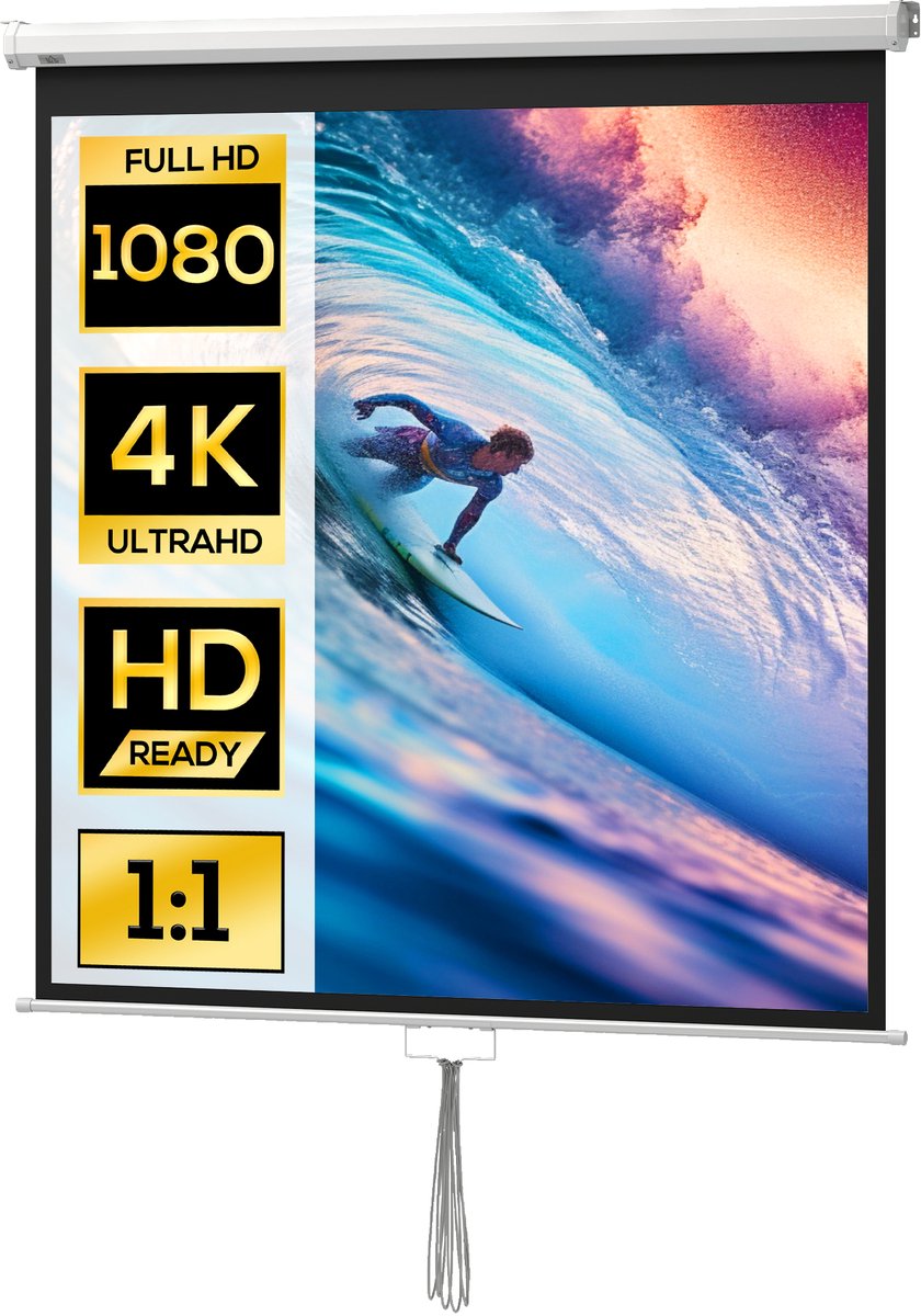 Projectiescherm 85 inch 1:1 HD 4K metalen behuizing 162,5 x 8 x 162 cm zwart | Projectorscherm, oprolbaar, in hoogte verstelbaar, voor thuisbioscoop, kantoor, reizen