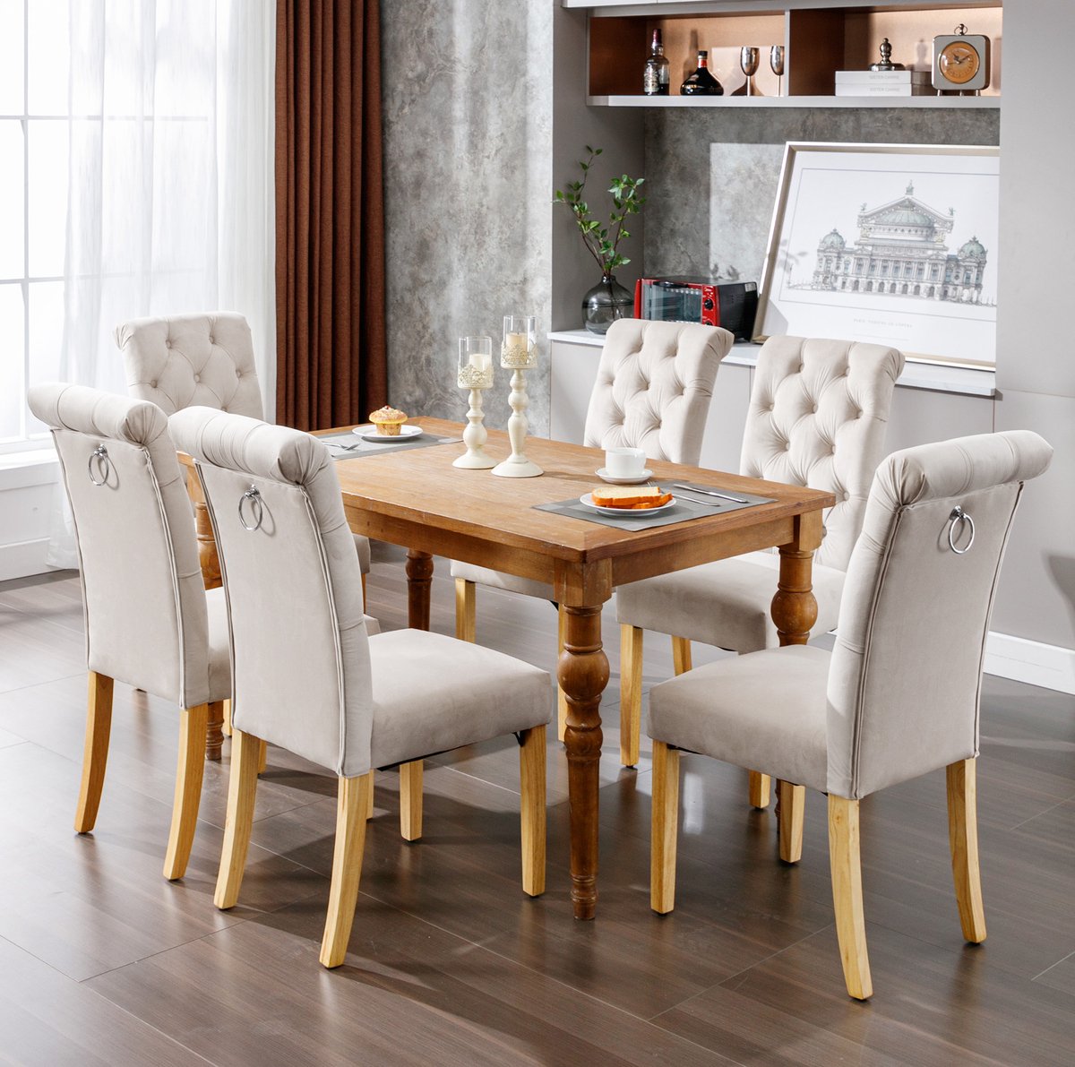 STILVORA Eetkamerstoel Set van 6 Beige Velvet Met Eikenhouten Poten Geknoopt Rugpaneel Voor Eetkamer Woonkamer Keuken