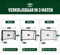 Afbeelding toont drie Umbro voetbaldoelen in maten 180 cm, 240 cm en 300 cm, met afmetingen.