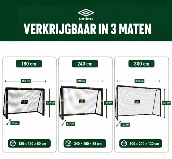 Afbeelding toont drie Umbro voetbaldoelen in maten 180 cm, 240 cm en 300 cm, met afmetingen.