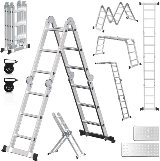 Aluminium multifunctionele ladder in diverse opstellingen, waaronder een rechte ladder, trap en werkplatform.