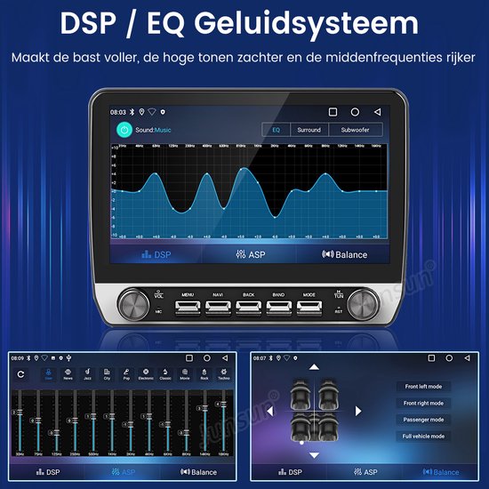 Scherm met geluidsinstellingen: EQ-grafiek en volumeregelaars voor vier zitplaatsen.