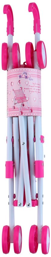 Roze opvouwbare poppenbuggy met witte stangen en roze wielen. "Baby" staat op de verpakking.