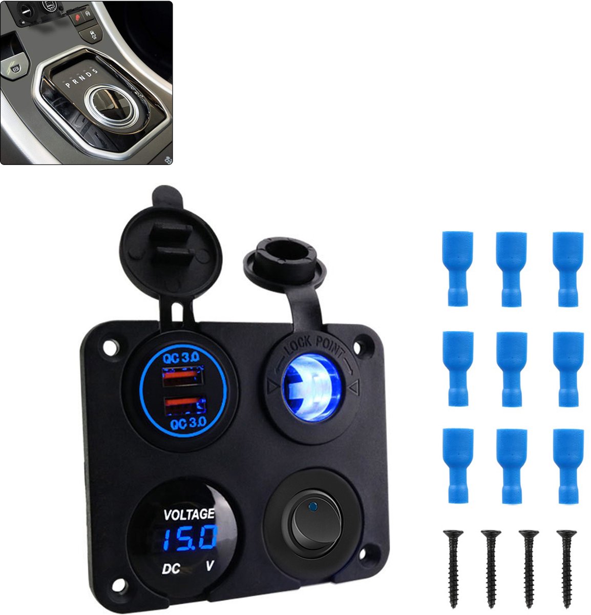 4-in-1 USB-laadpaneel - Met schakelaar - USB-poort - 12V-24V - Inclusief LED-voltmeter, aan/uit-schakelaar en sigarettenaansteker - Ook geschikt voor campers, boten, caravans, vrachtwagens en GPS-apparaten - Auto-ombouw - Waterdicht - Zwart