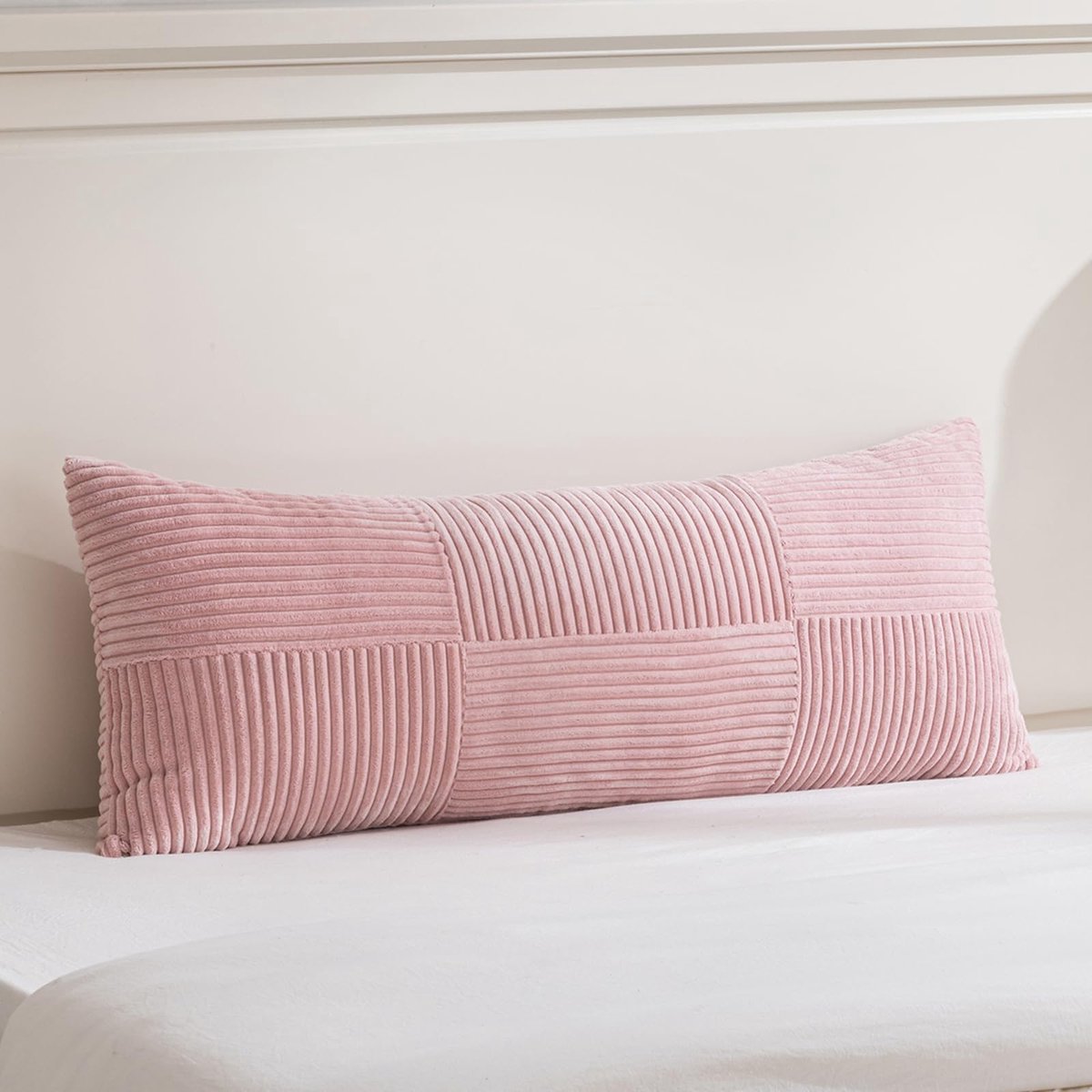Famanu Boho kussenhoes van 40 x 145 cm in roze met kruismotief, decoratieve corduroy kussenhoes, zacht en modern voor bank, slaapkamer, stoel of bed