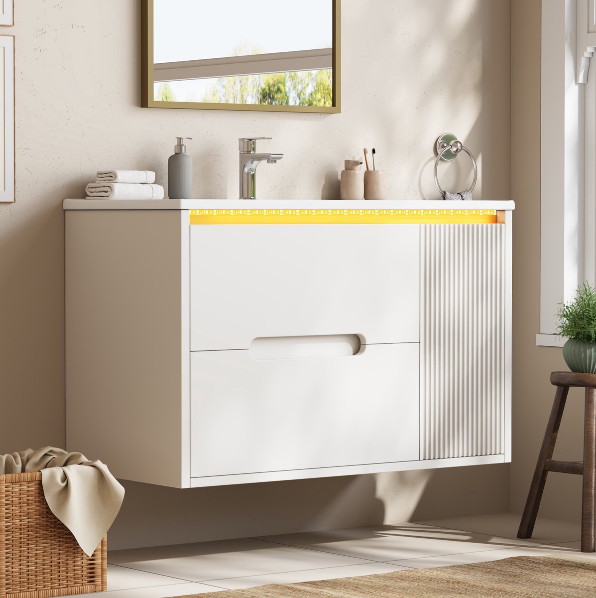 MIVRAY Badkamer Wastafelonderkast - Wandmontage Met Keramische Wastafel En Ledverlichting - Appbediening - 2 Lades - Wit - 81x47x51 Cm