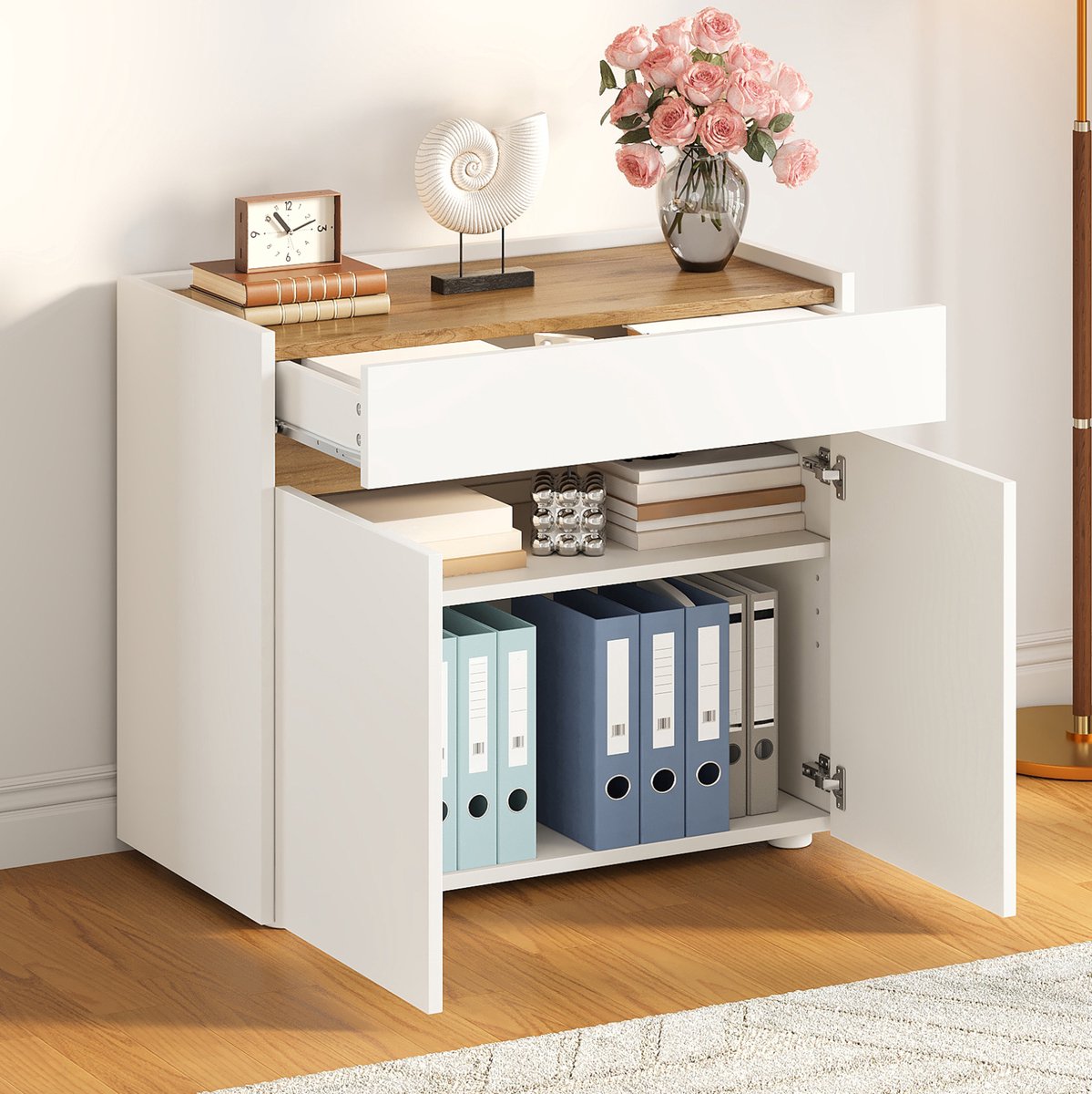 FloraGrace Archiefkast Met Lade En Verstelbare Planken - Witte Houtlook - Voor Woonkamer En Kantoor - Spaanplaat - 80x40x70 Cm