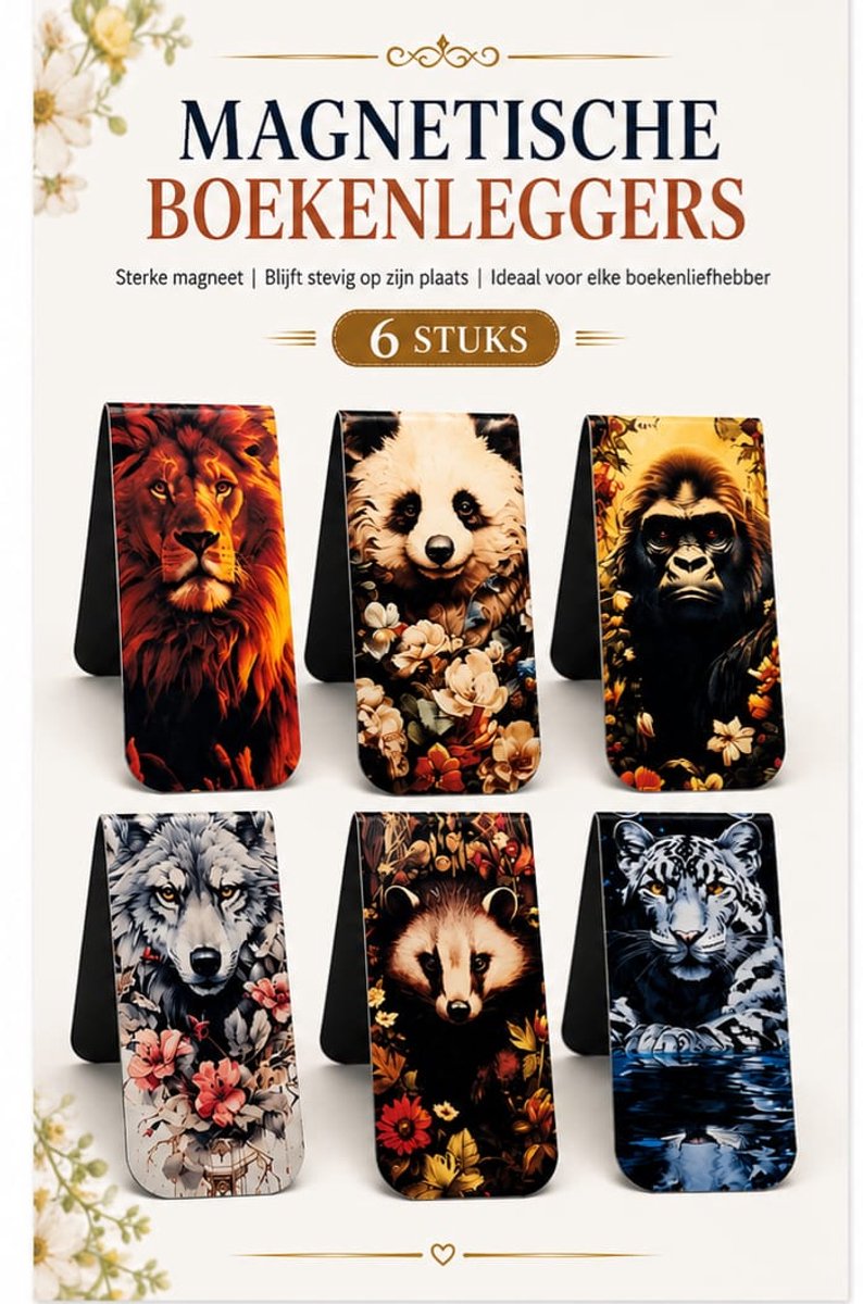 Magnetische Boekenleggers 6 Stuks – Dieren Bladwijzers – Sterke Magneet – Boekenlegger Set –Sterke Magneet – Bladwijzers – Leeuw, Panda, Wolf & Tijger
