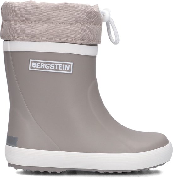 Grijze Bergstein regenlaars met witte zoolrand en beige omslag met trekkoord. Bergstein logo op zijkant.