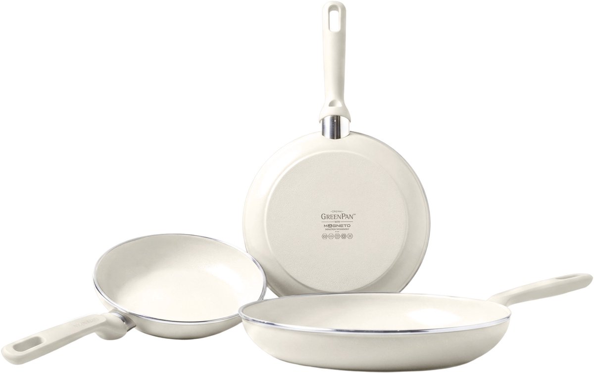 GreenPan Memphis Koekenpannenset 3-delig - 20 + 24 + 28 cm - PFAS-vrije antiaanbaklaag - Pannenset inductie - Keramische pan - Ovenbestendig tot 160°C - Stay-cool handgrepen - Crème